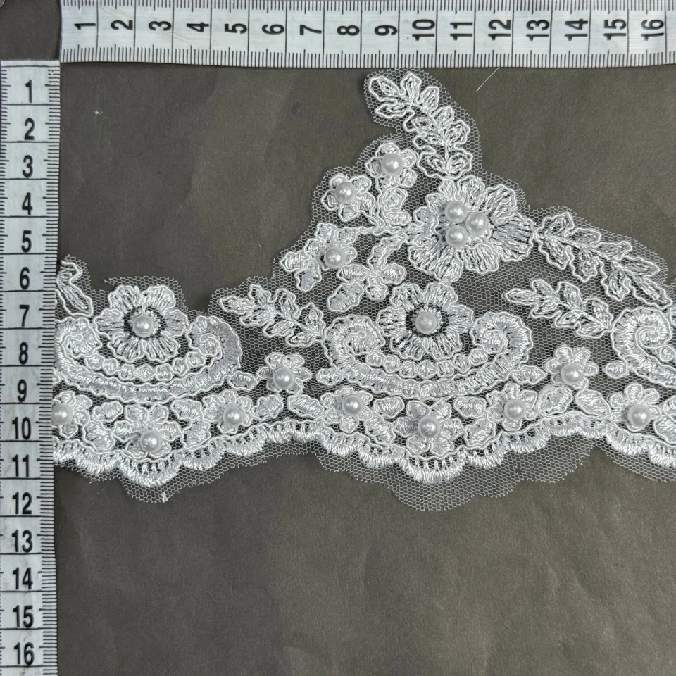 Мережево з кордовую ниткою Т600009А+перли 12 см. (16 ярдів/14.6 м.), білий