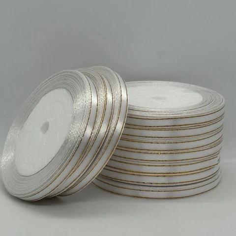 Стрічка атласна з люрекс 0,6 см+золото (10*25 ярдів), 01 білий