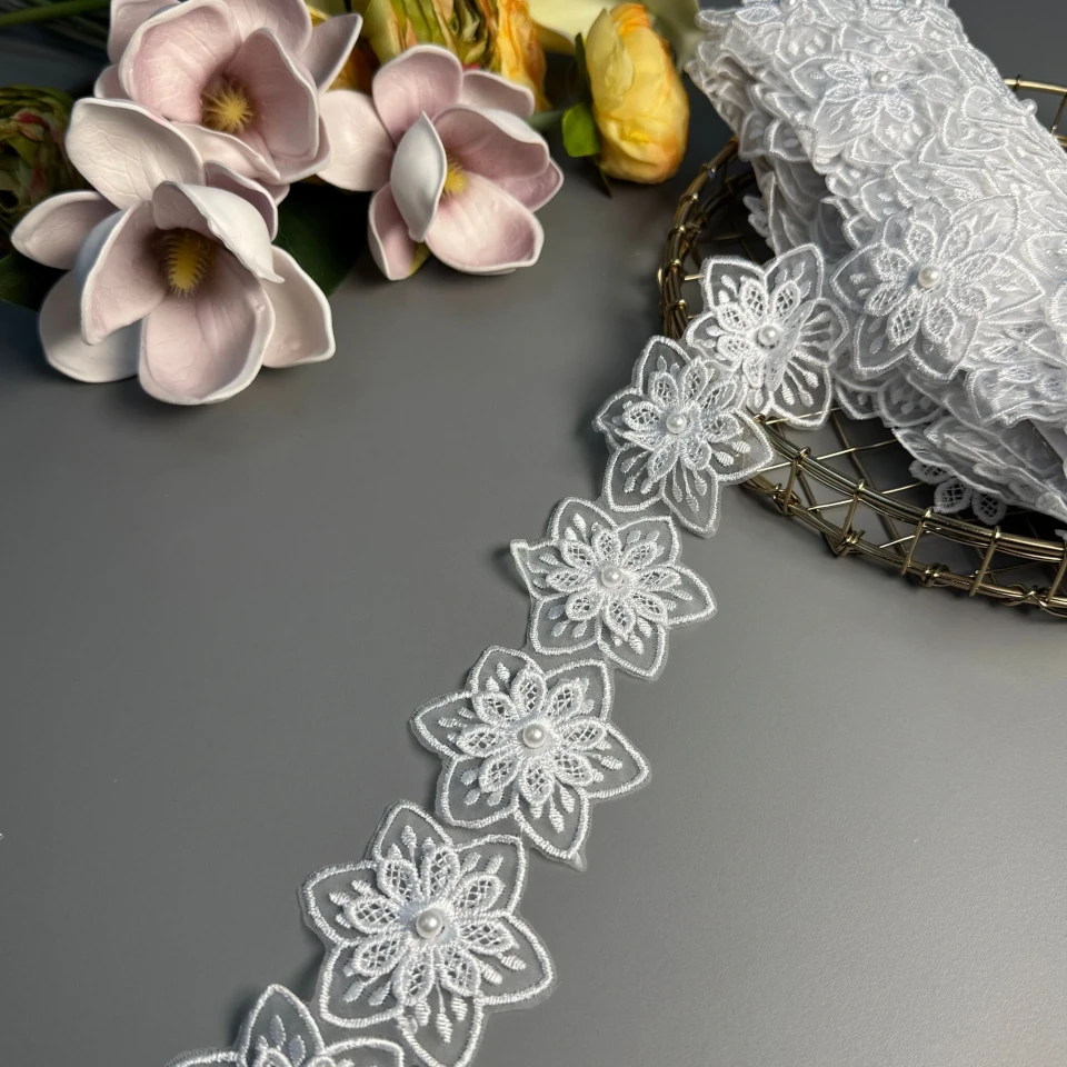 Мереживо поліестер 3D 7 см. H3795 (10 ярд/9.1 м.), білий