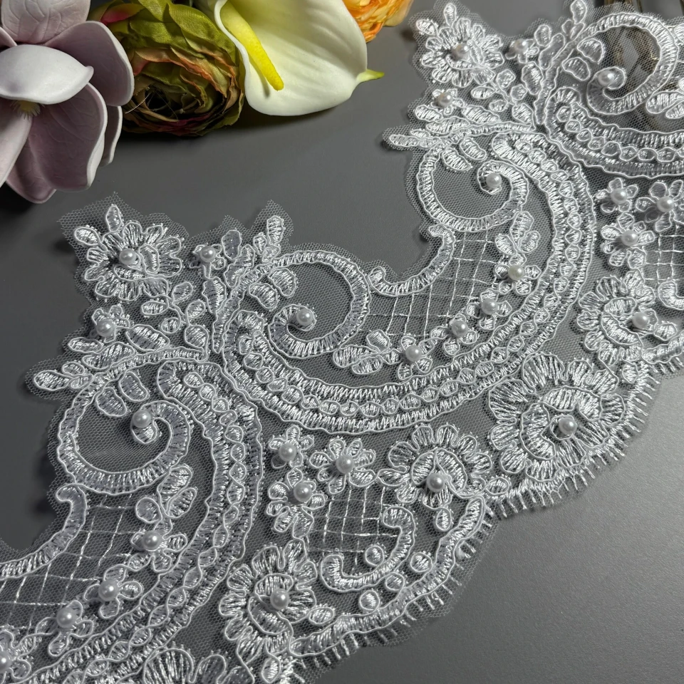 Мережево з кордовую ниткою GD602854В+перли 17 см.(16 ярдів/14.6 м.), білий