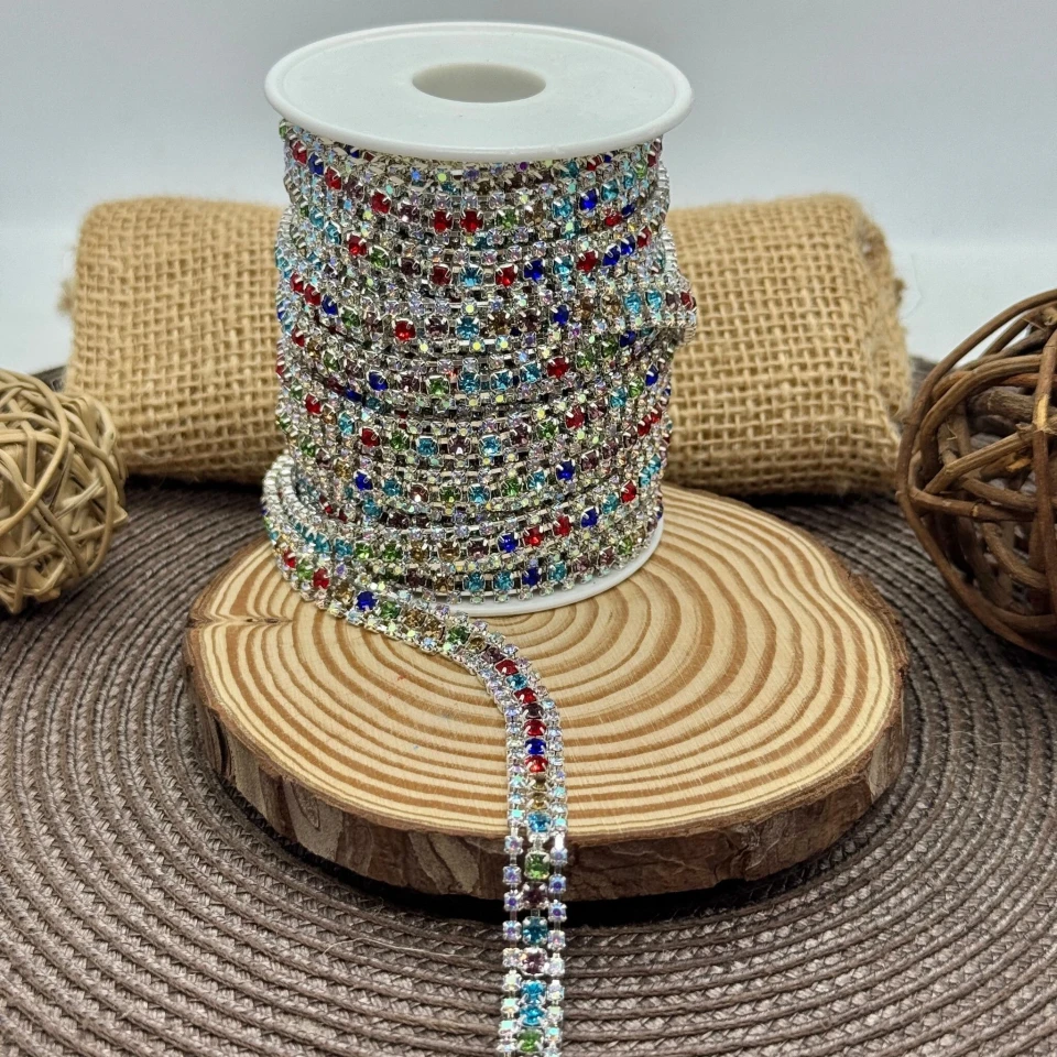 Цепі камні на бабінах ss8+ss16+ss8 кольорові (10 ярдів), срібло