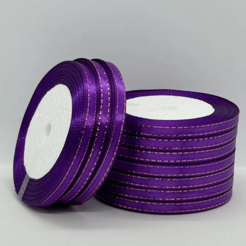 Стрічка атласна з люрекс 0,6 см+золото (10*25 ярдів), 35 фіолетовий