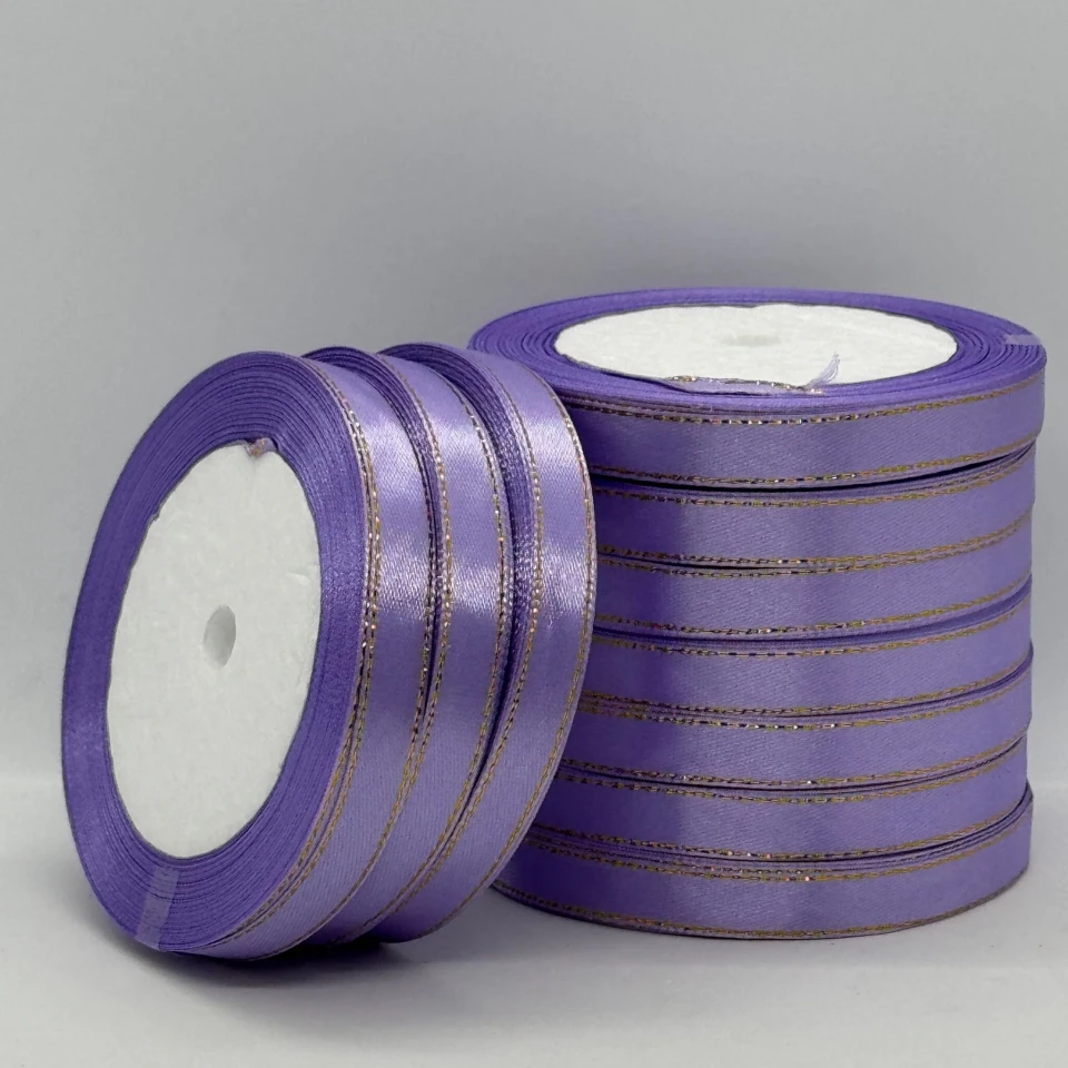 Стрічка атласна з люрекс 1 см+золото (10*25 ярдів), 21 фіалковий