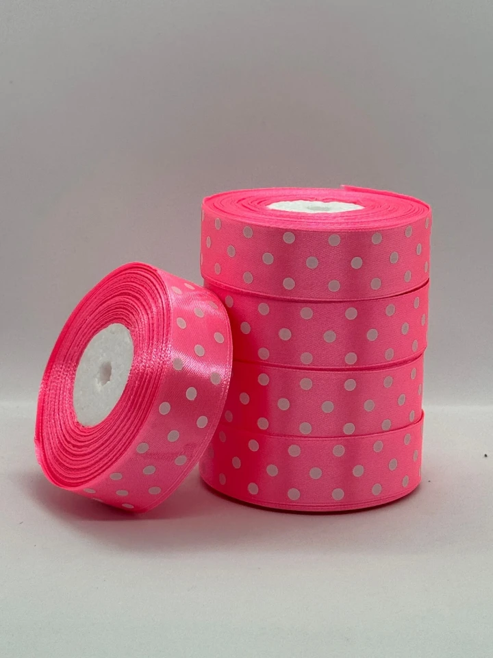 Лента атласная в горошек 2.5 см (5*36 ярдов), 05 розовый + белый