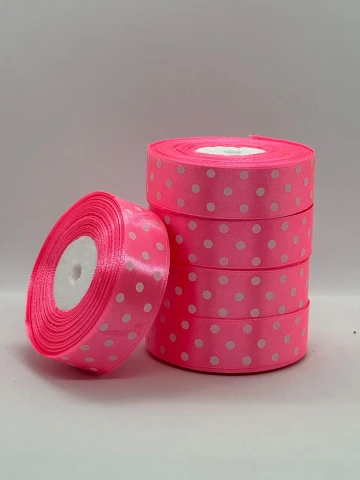 Лента атласная в горошек 2.5 см (5*36 ярдов), 05 розовый + белый