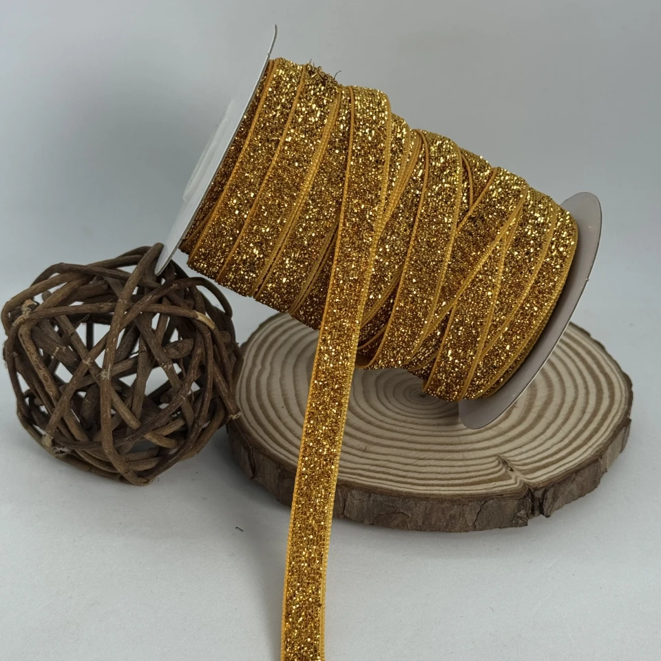 Стрічка оксамитова парча люрекс 1 см (25 ярдів/22,75 м.), 09 темне золото