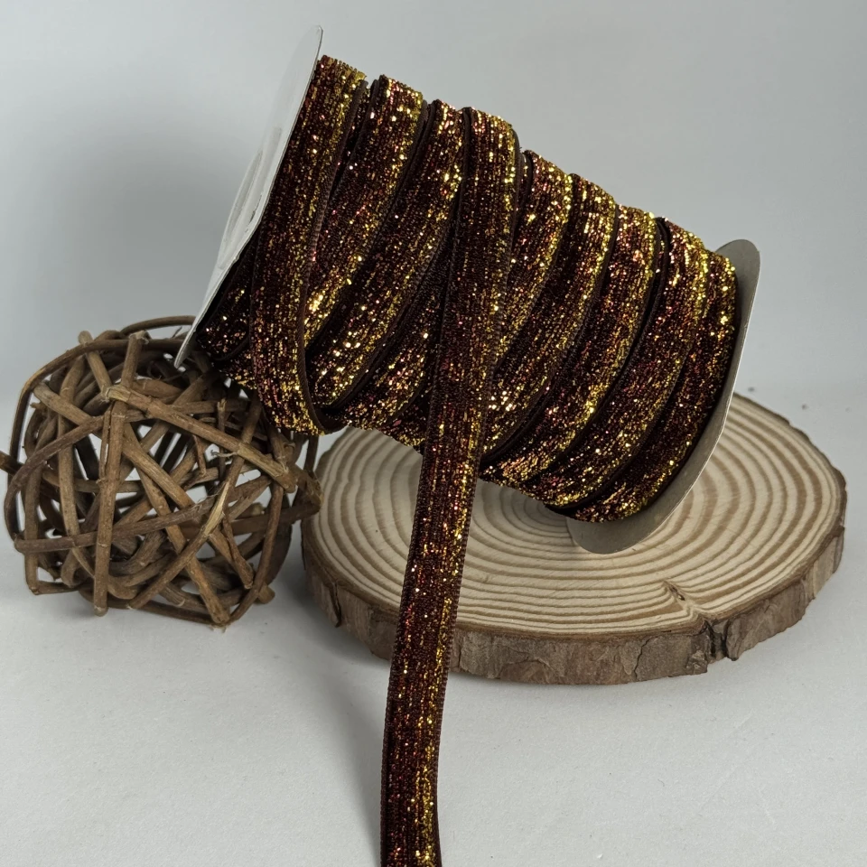 Стрічка оксамитова парча люрекс 1 см (25 ярдів/22,75 м.), 31 коричневий + золото