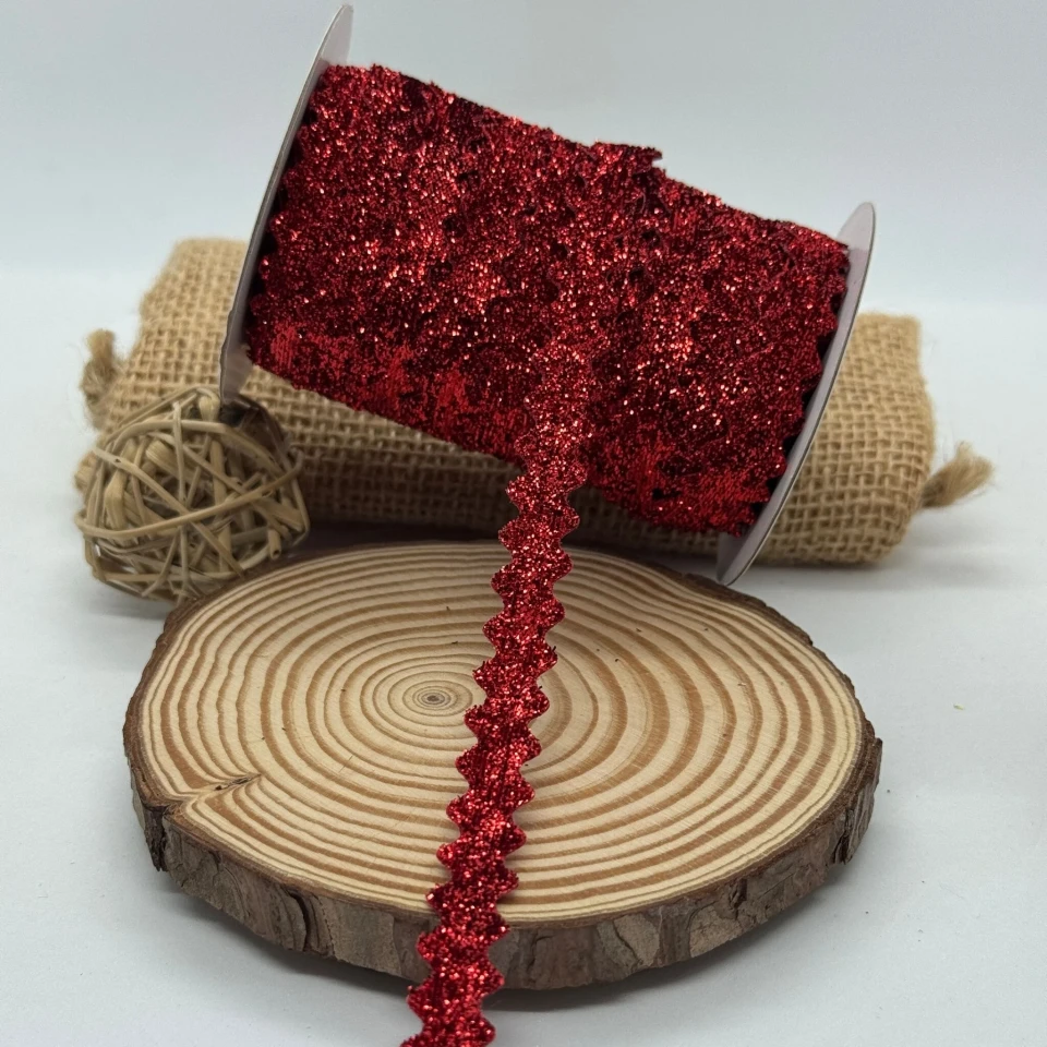 Стрічка вюнчик оксамитовий парча люрекс 1 см (25 ярдів/22,75 м.), 16 червоний