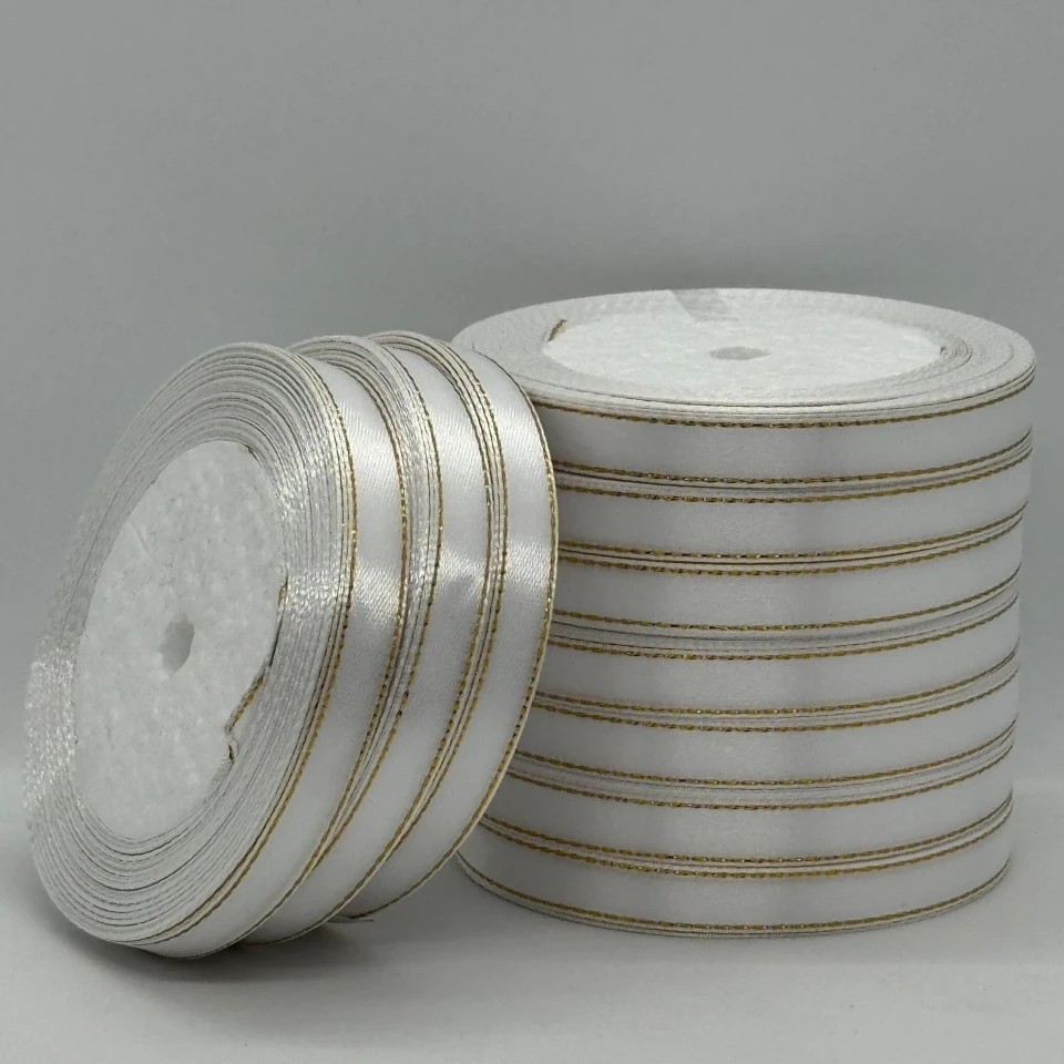 Стрічка атласна з люрекс 1 см+золото (10*25 ярдів), 01 білий