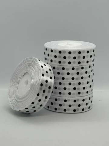 Лента атласная в горошек 2.5 см (5*36 ярдов), белый + черный