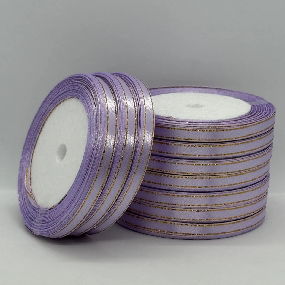 Стрічка атласна з люрекс 0,6 см+золото (10*25 ярдів), 44 світло фіалковий