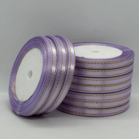 Стрічка атласна з люрекс 0,6 см+золото (10*25 ярдів), 44 світло фіалковий
