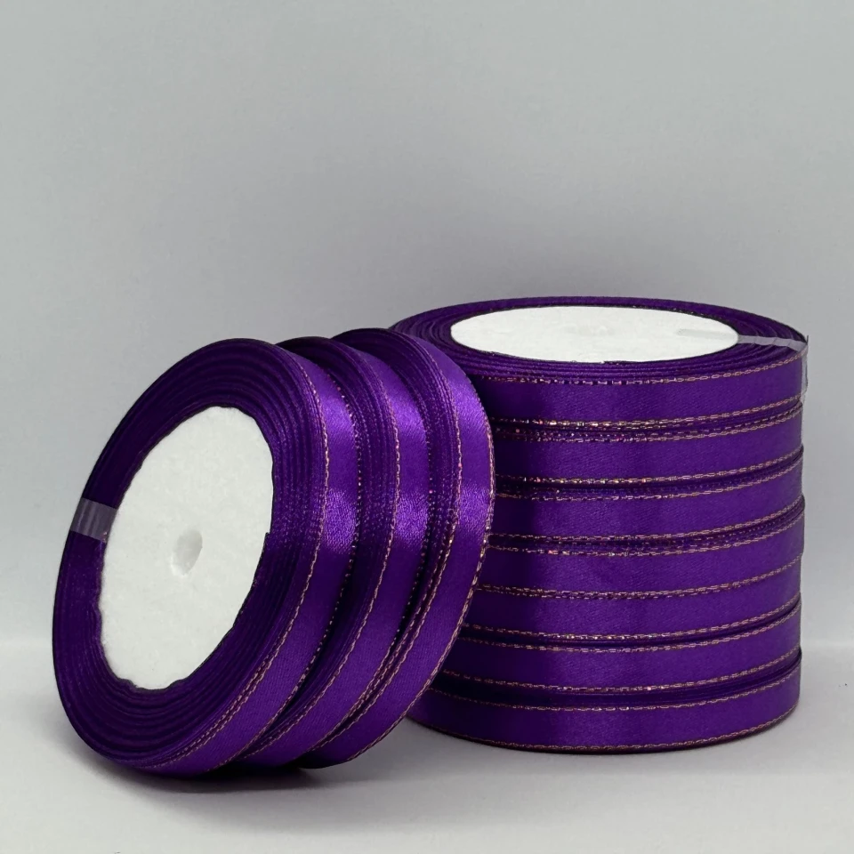 Лента атласная с люрекс 1 см+золото (10*25 ярдов), 35 фиолетовый