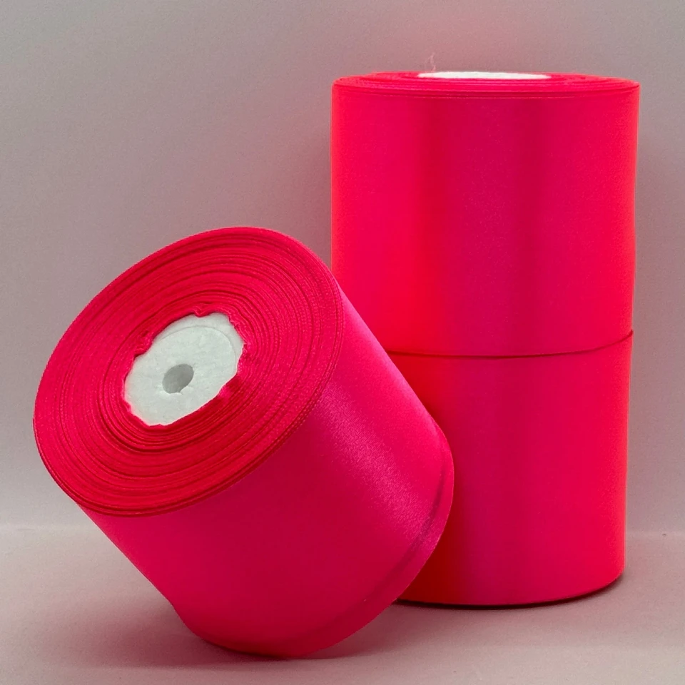 Стрічка атласна 7.5 см (3*36 ярдів), 14 неон рожевий