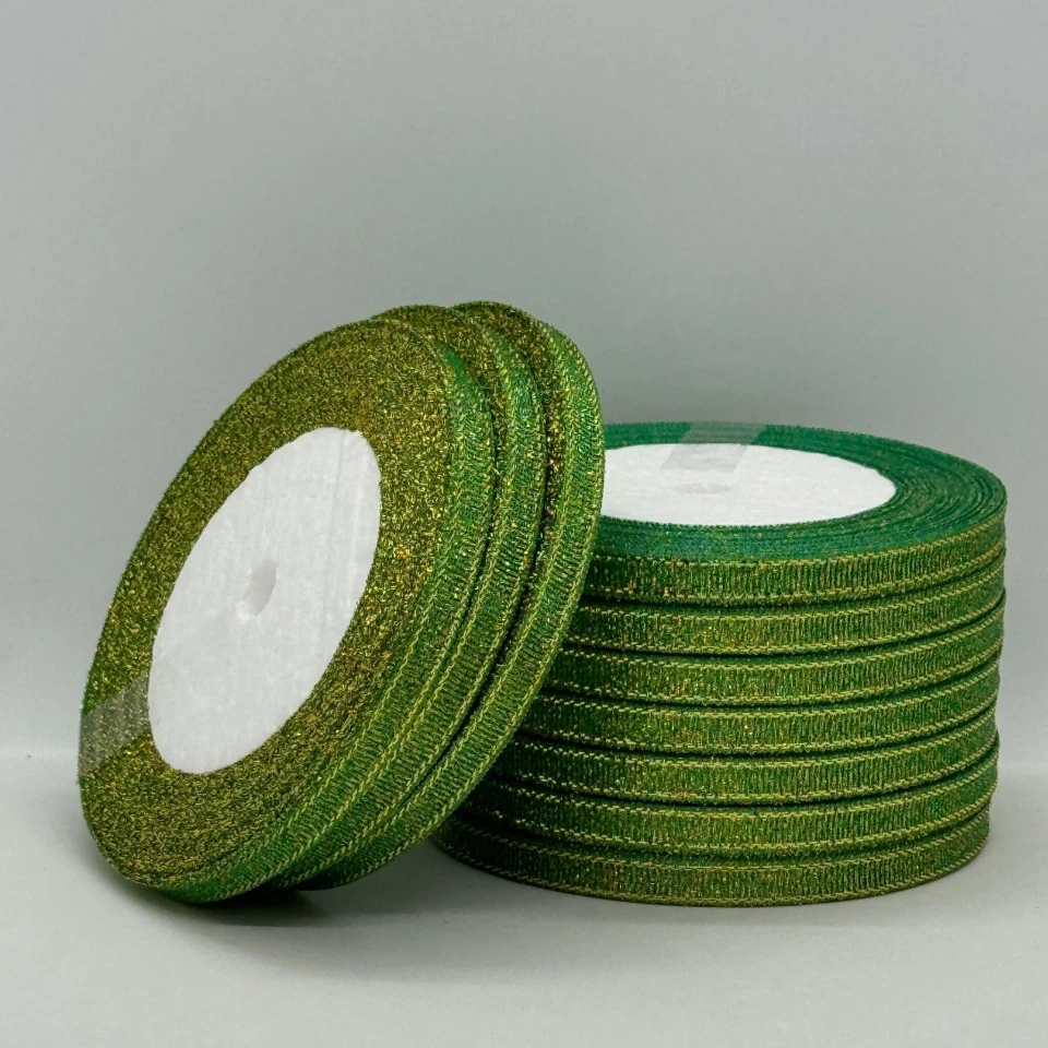 Тасьма парчева 0,6 см (10*25 ярдів/22,75 м.), 19 зелений + золото