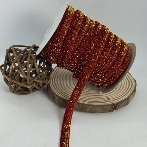 Стрічка оксамитова парча люрекс 1 см (25 ярдів/22,75 м.), 32 червоний + золото