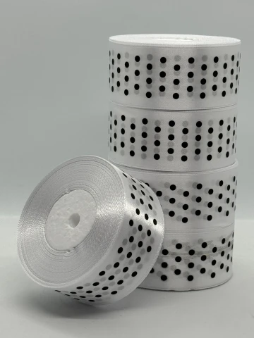 Стрічка атласна в горох 4 см (5*36 ярдів), 01 білий + чорний