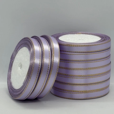 Стрічка атласна з люрекс 1 см+золото (10*25 ярдів), 44 світло фіалковий