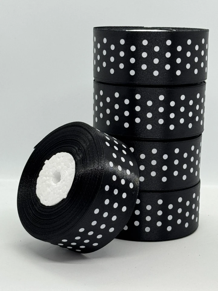 Лента атласная в горошек 4 см (5*36 ярдов), 39 чёрный + белый