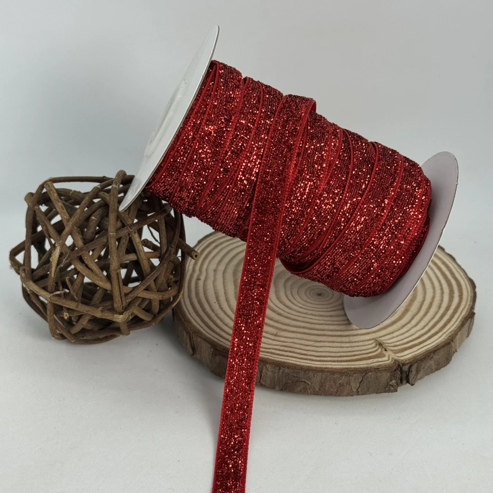Стрічка оксамитова парча люрекс 1 см (25 ярдів/22,75 м.), 16 червоний