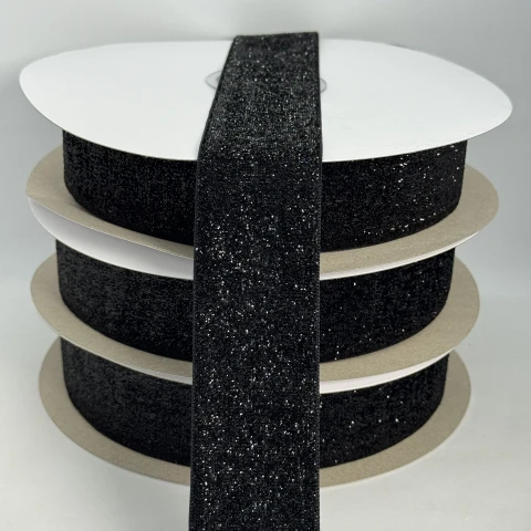 Стрічка оксамитова парча люрекс 3.8 см (25 ярдів/22,75 м.), 08 чорний