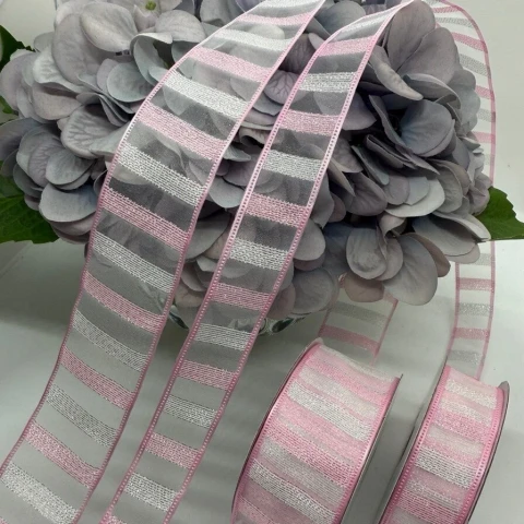 Стрічка декоративна органзова 2.5 см (5*20 ярдів), №14 рожевий+білий