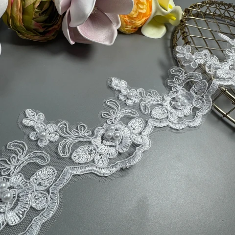 Мережево з кордовую ниткою Т600012А+перли 8 см. (16 ярдів/14.6 м.), білий