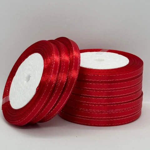 Стрічка атласна з люрекс 0,6 см+срібло (10*25 ярдів), 163 червоний