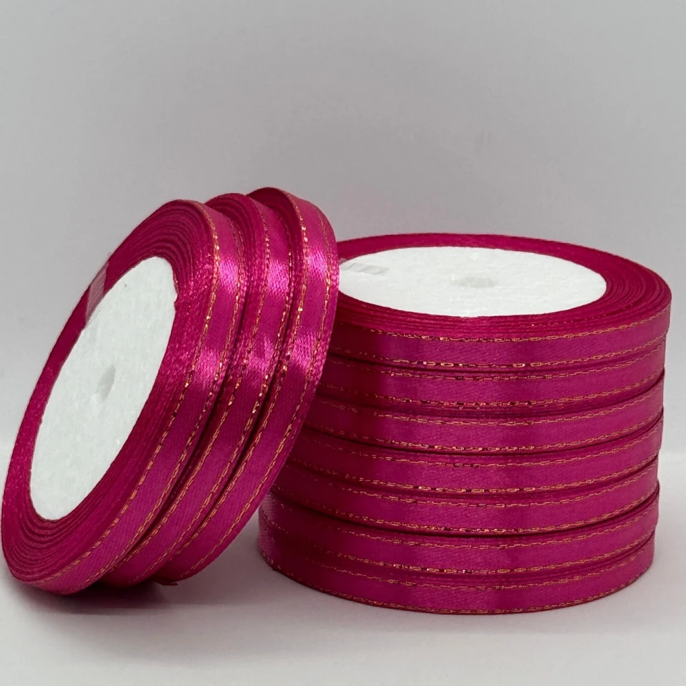Стрічка атласна з люрекс 0,6 см+золото (10*25 ярдів), 27 малиновий
