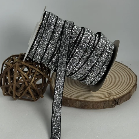 Стрічка оксамитова парча люрекс 1 см (25 ярдів/22,75 м.), 17 срібло + чорний