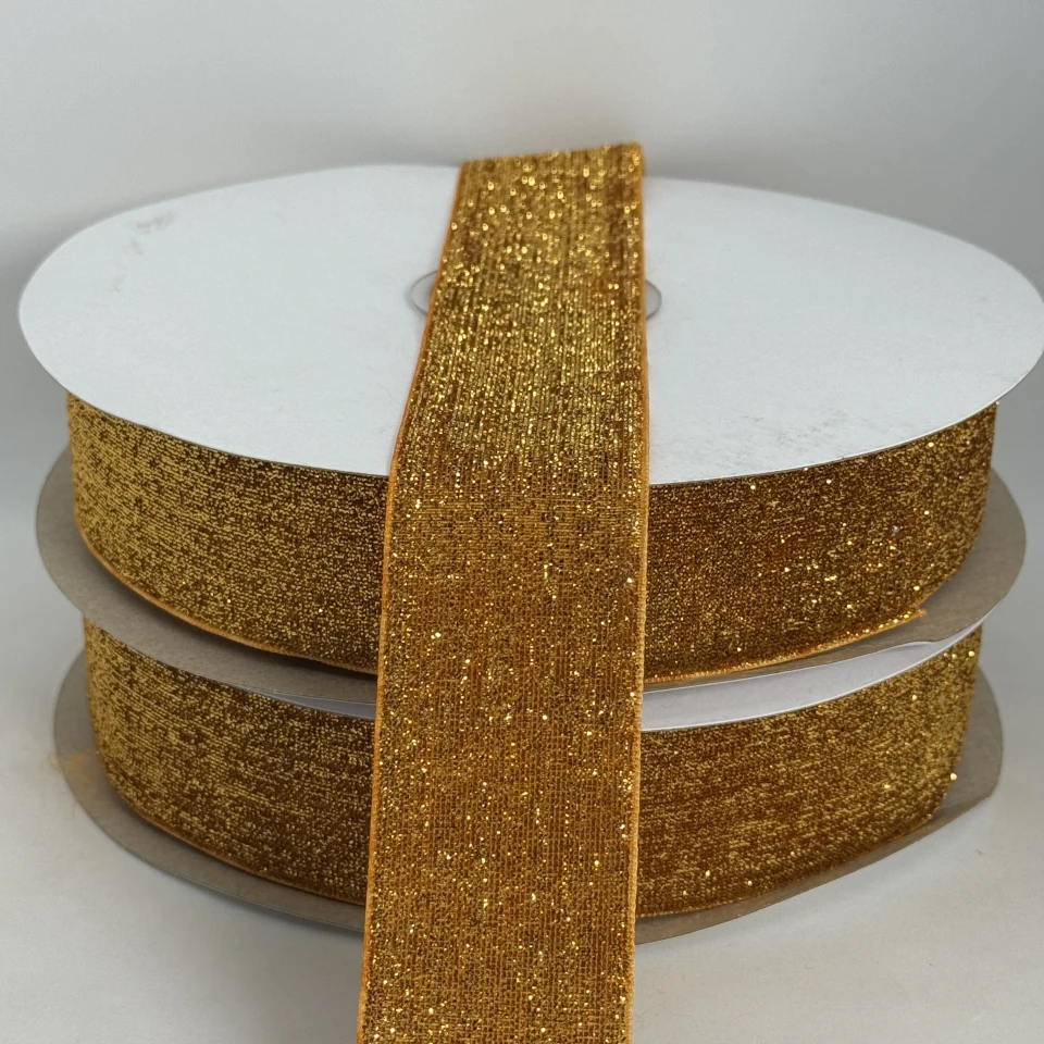 Стрічка оксамитова парча люрекс 3.8 см (25 ярдів/22,75 м.), 09 темне золото