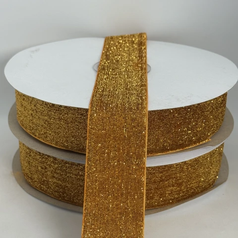 Стрічка оксамитова парча люрекс 3.8 см (25 ярдів/22,75 м.), 09 темне золото