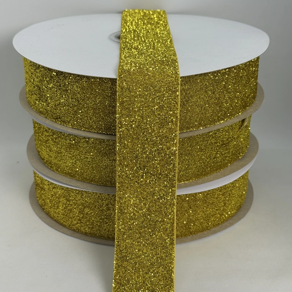 Стрічка оксамитова парча люрекс 3.8 см (25 ярдів/22,75 м.), 02 золото