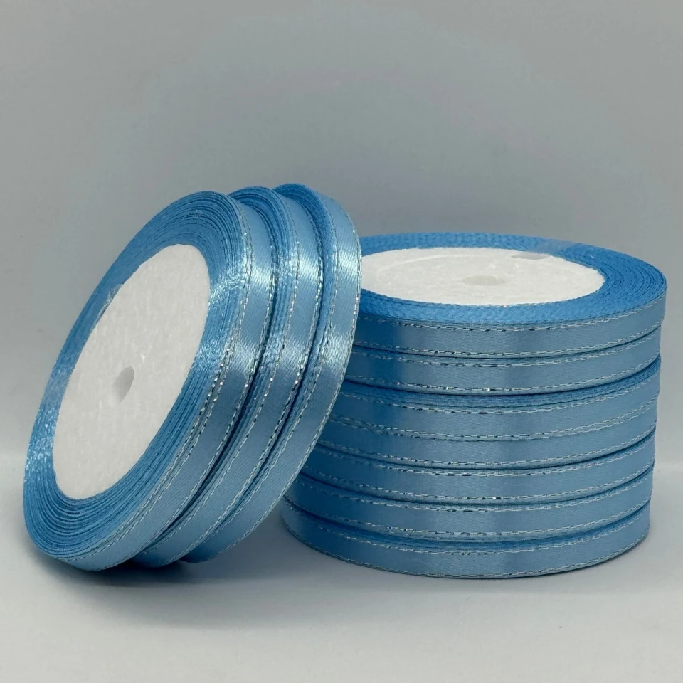 Стрічка атласна з люрекс 0,6 см+срібло (10*25 ярдів), 187 блакитний