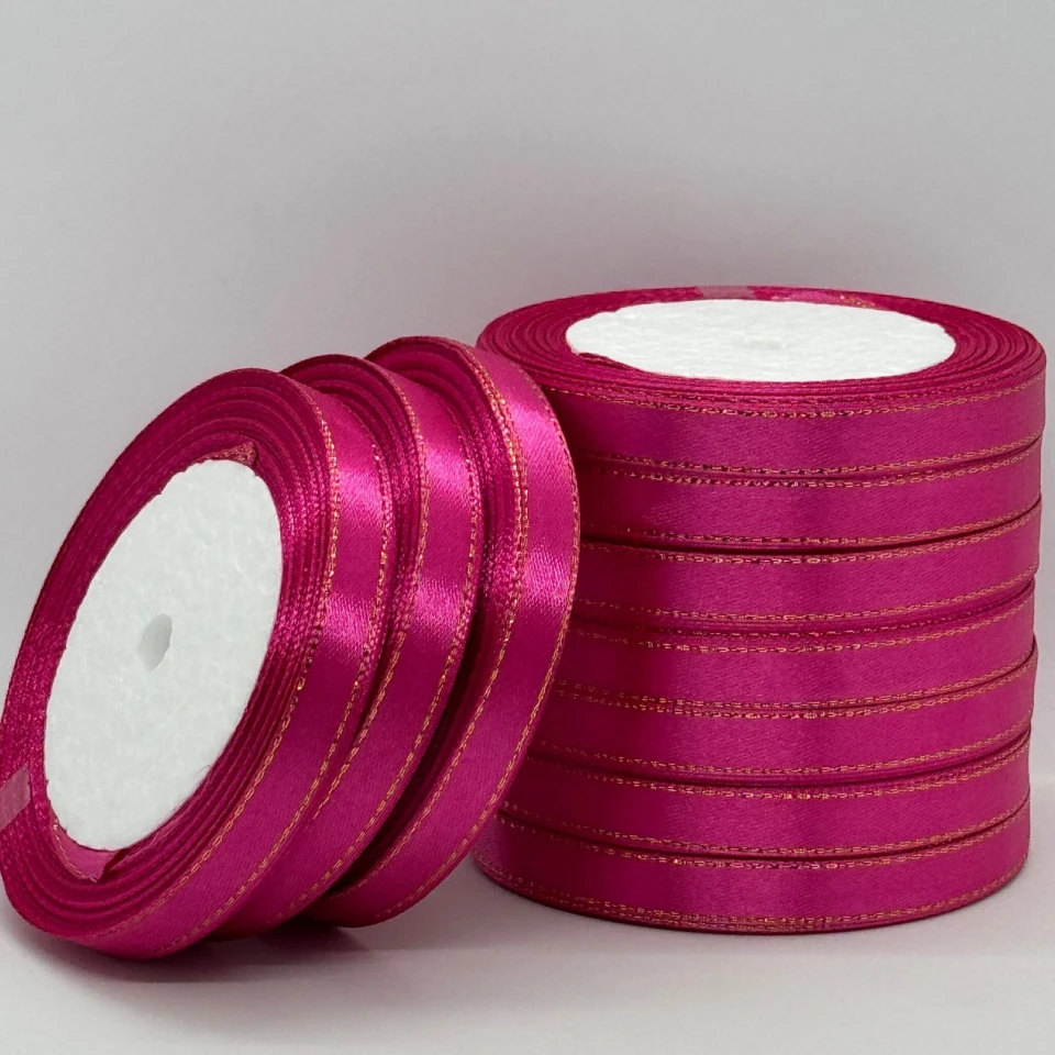 Стрічка атласна з люрекс 1 см+золото (10*25 ярдів), 27 малиновий