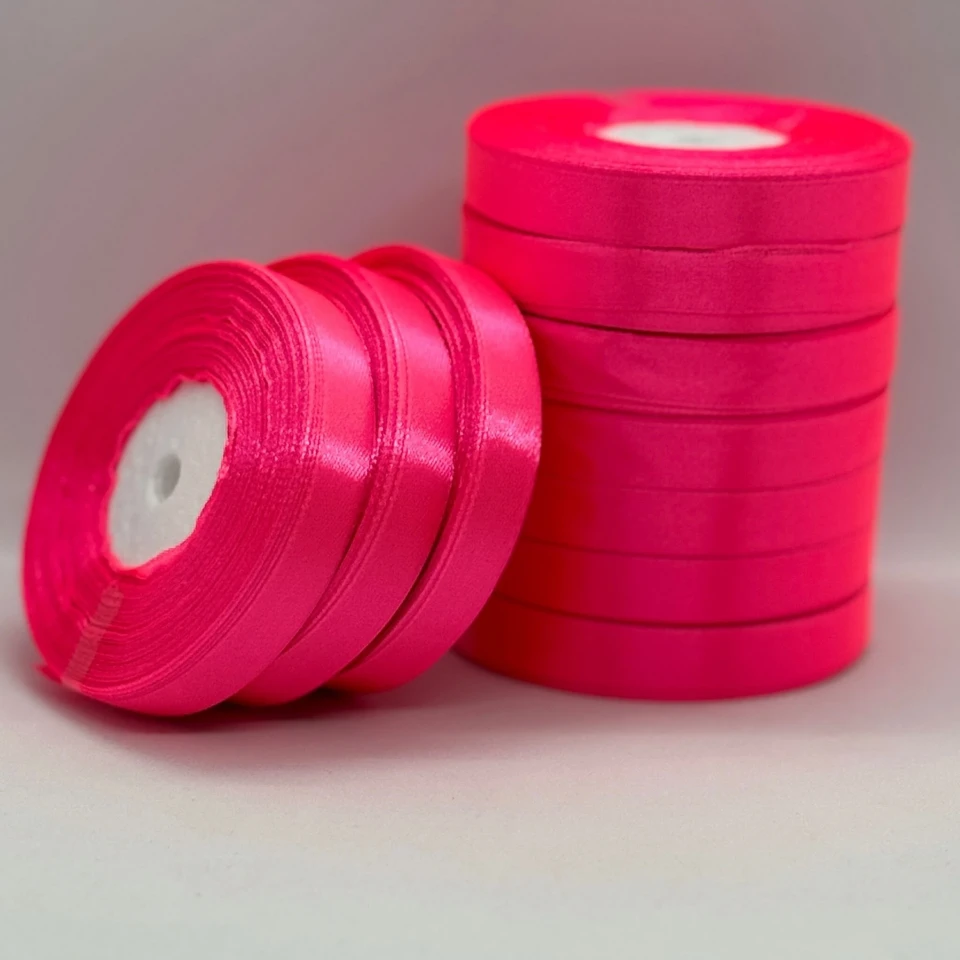 Стрічка атласна 1.2 см (10*36 ярдів), 14 неон рожевий