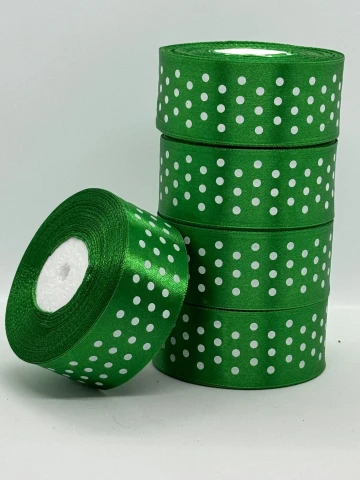 Стрічка атласна в горох 4 см (5*36 ярдів), 19 зелений + білий