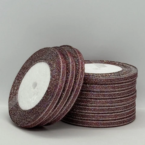 Тасьма парчева 0,6 см (10*25 ярдів/22,75 м.), 28 баклажан + срібло