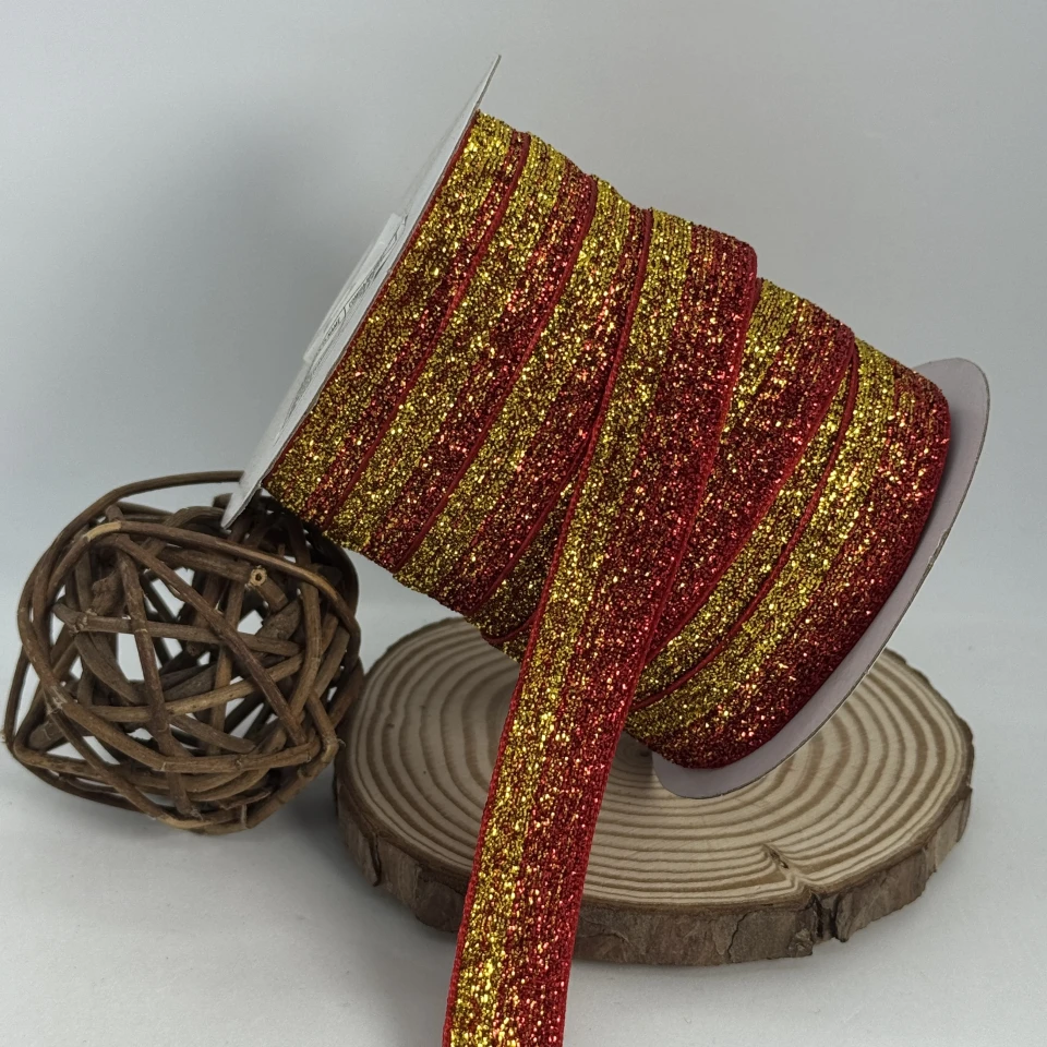 Лента бархатная парча люрекс 2 см (25 ярдов/22,75 м.), 32 красный + золото