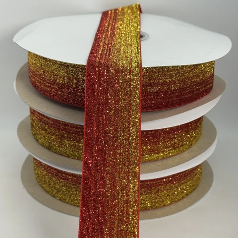 Стрічка оксамитова парча люрекс 3.8 см (25 ярдів/22,75 м.), 32 червоний + золото