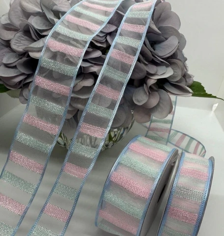 Стрічка декоративна органзова 2.5 см (5*20 ярдів), №12 бірюза+рожевий