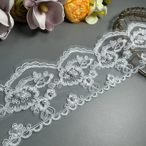 Мережево з кордовую ниткою Т600011А+перли 10,5 см.(16 ярдів/14.6 м.), білий