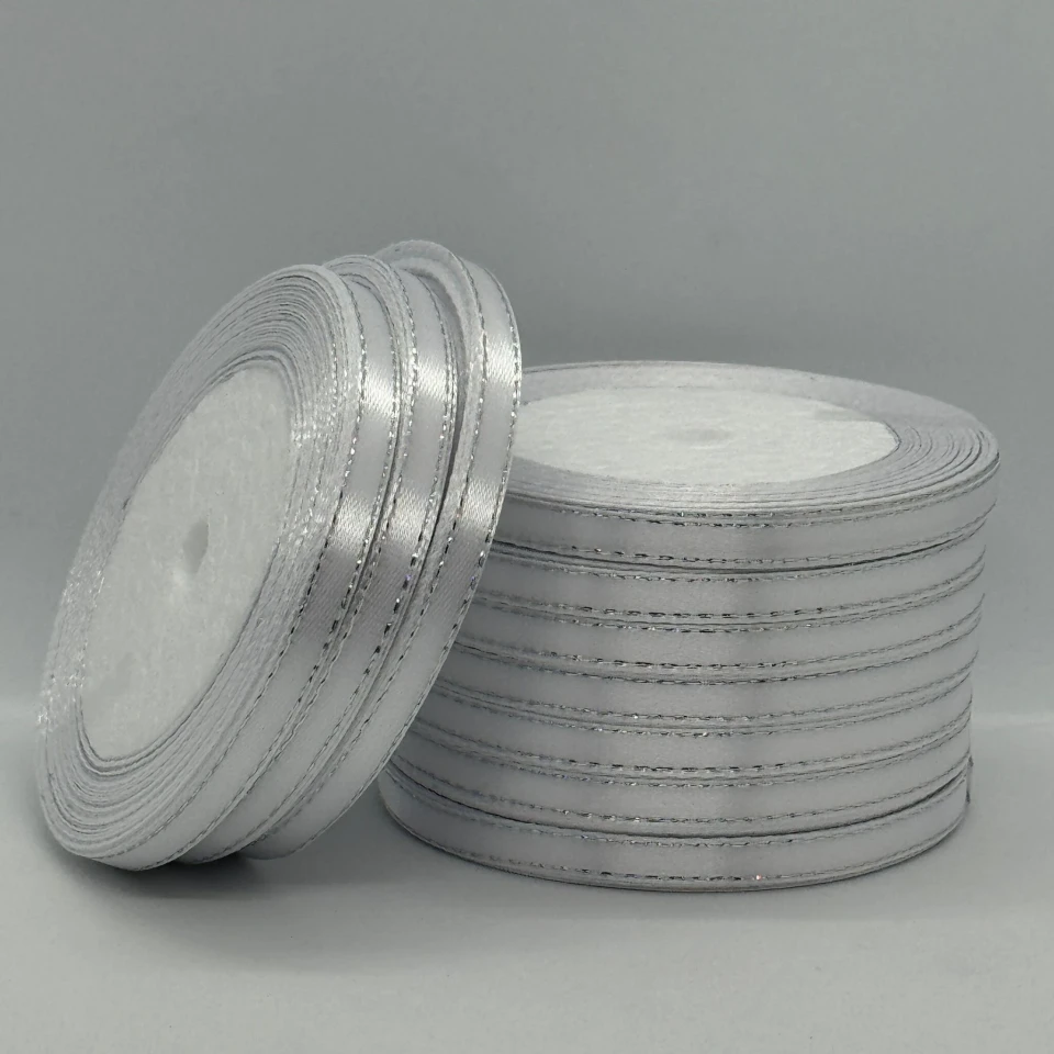 Стрічка атласна з люрекс 0,6 см+срібло (10*25 ярдів), 01 білий