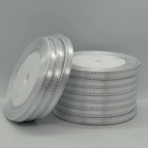 Стрічка атласна з люрекс 0,6 см+срібло (10*25 ярдів), 01 білий
