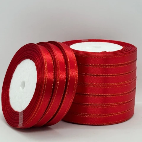 Стрічка атласна з люрекс 1 см+золото (10*25 ярдів), 163 червоний