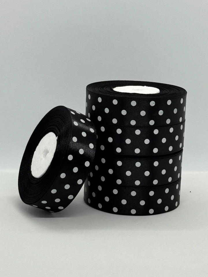 Лента атласная в горошек 2.5 см (5*36 ярдов), 39 черный + белый