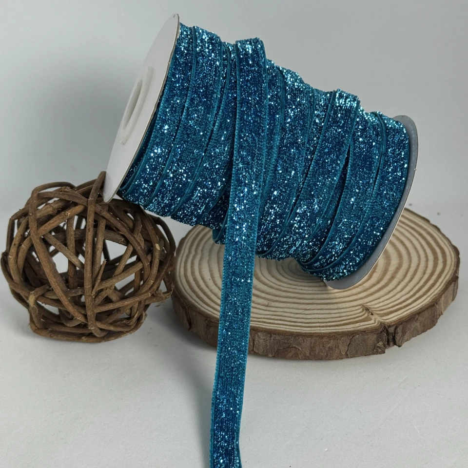 Стрічка оксамитова парча люрекс 1 см (25 ярдів/22,75 м.), 13 бірюза