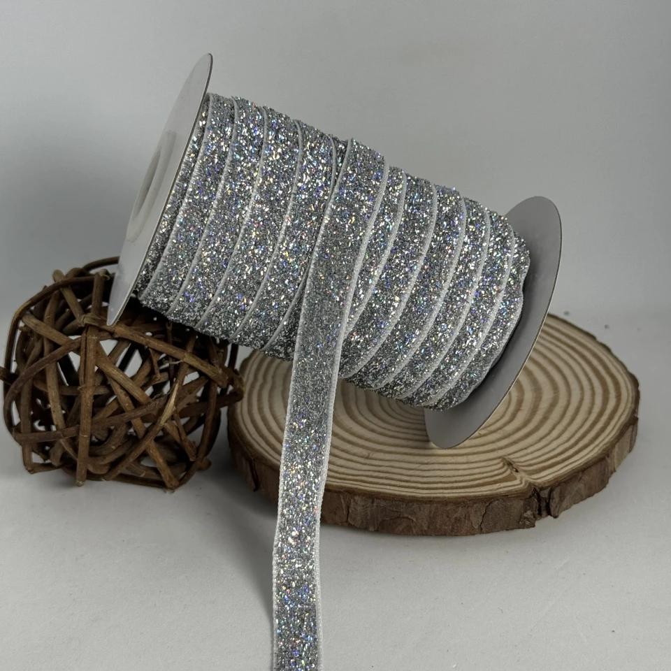Стрічка оксамитова парча люрекс 1 см (25 ярдів/22,75 м.), 30 срібло
