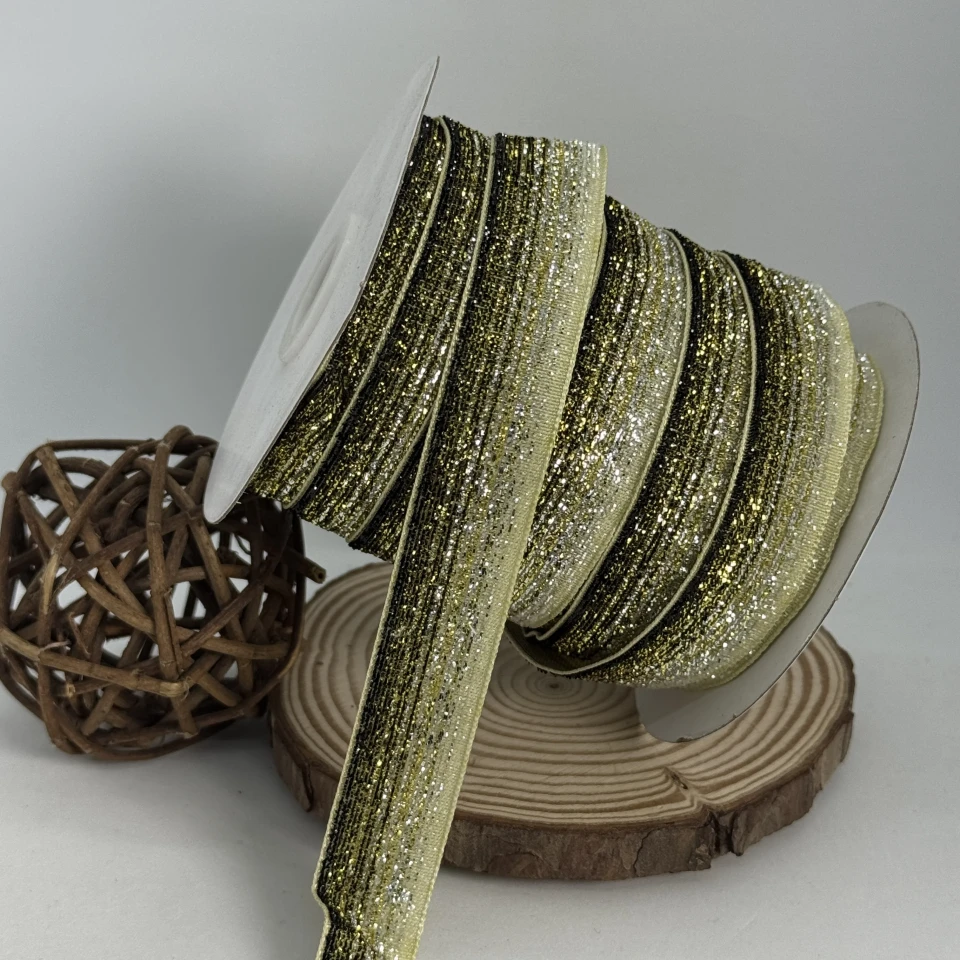 Лента бархатная парча люрекс 2 см (25 ярдов/22,75 м.), 33 желтый + черный + золото + серебро