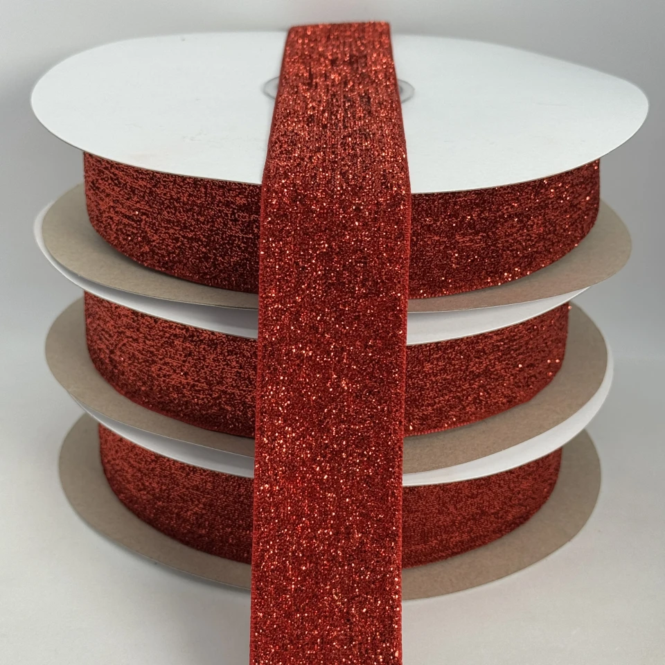 Стрічка оксамитова парча люрекс 3.8 см (25 ярдів/22,75 м.), 16 червоний